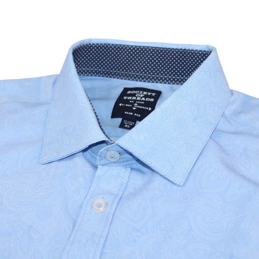 Society Of Threads Mens XL Slim Fit Stretch Blue Paisley Dress Shirt - Picture 4 of 14